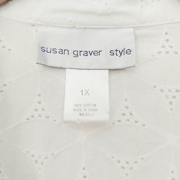 Susan Graver Style Tunic Shirt Womens 1X White Eyelet Embroidered 3/4 Sleeve - Picture 8 of 8